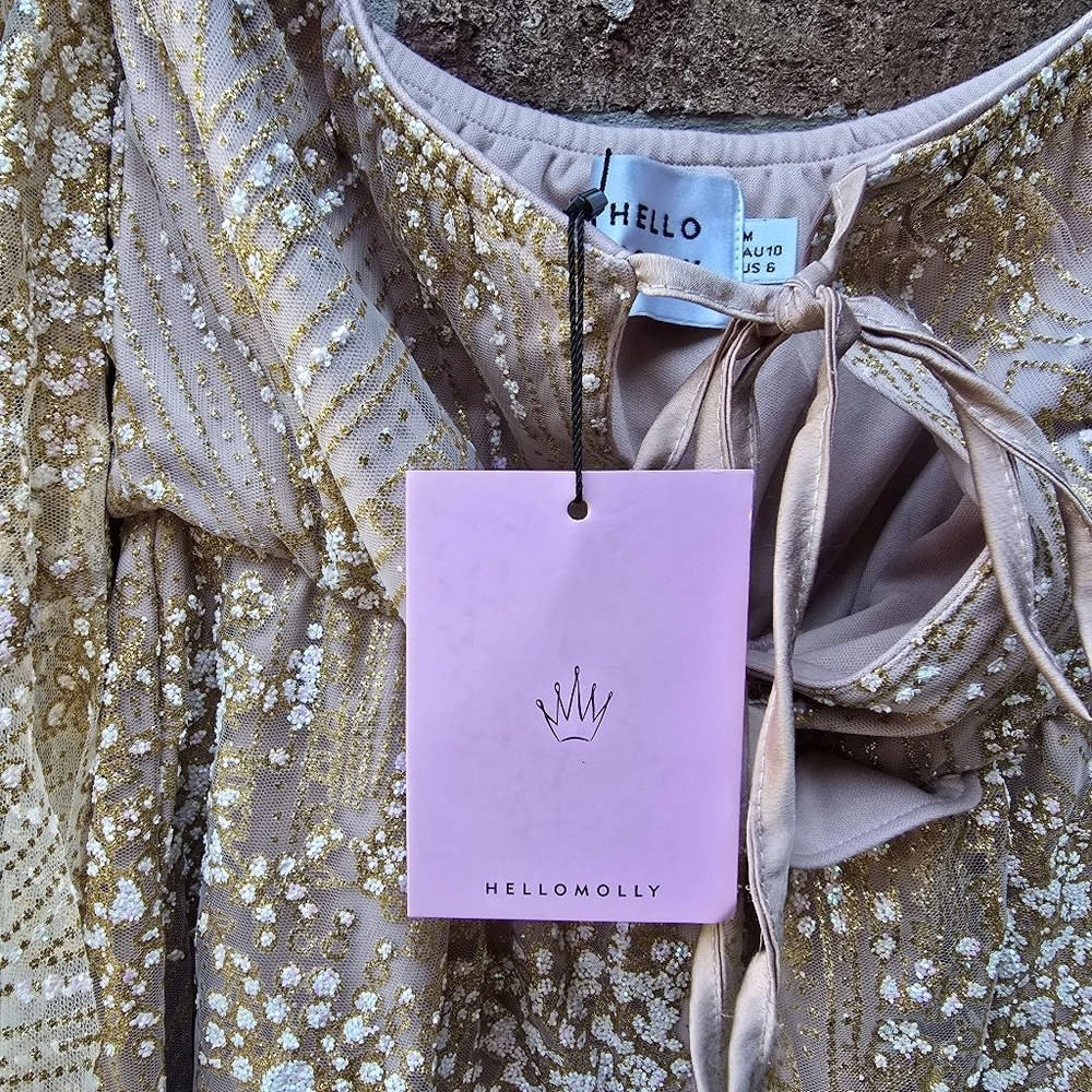 Hello Molly Gold Shimmer Off Shoulder Playsuit Romper Size M Blush Glitter - Picture 7 of 9